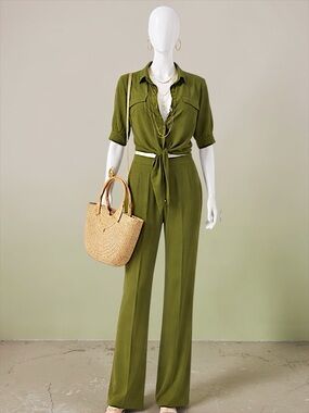 Women's Olive Green Tie-Front Jumpsuit